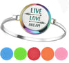 Live Love Dream Multi color rainbow medallion felt bracelet - Stainless Steel Tension Band - Bracelet